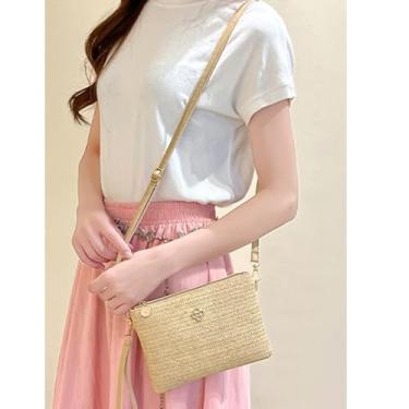 Imagem de Bolsa feminina de palha boho verão praia bolsa de palha com zíper carteiras para mulheres bolsa transversal com alça removível, Damasco