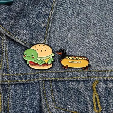 Imagem de 2 peças de desenho animado dachshund hotdog esmalte broches fofos engraçados hambúrguer tartaruga roupas mochila lapela crachá criativo comida animal joias presente