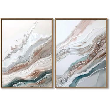 Imagem de QTESPEII Conjunto de 2 peças de arte de parede emolduradas com textura de onda abstrata pintura moderna multicolorida pastel pôster minimalista decoração de parede para sala de estar, quarto, banheiro