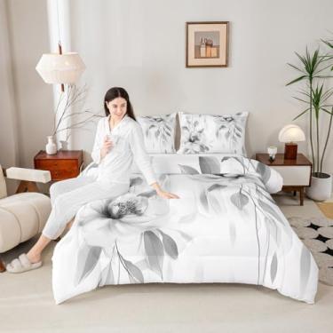 Imagem de Manfei Conjunto de edredom cinza boho tamanho Queen, conjunto de cama floral aquarela 3 peças, estilo pintura a tinta, flores e folhas para todas as estações, decoração de quarto de crianças, meninos
