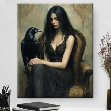 Imagem de Arte de parede de beleza de corvo gótico, pôster de impressão em tela gótica, pintura emoldurada Dark Academia, decoração de parede para casa, apartamento, sala de estar, quarto, decoração 20 x 25 cm