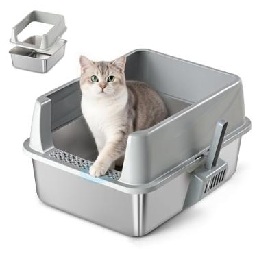 Imagem de Aothey Caixa de areia de aço inoxidável com tampa e colher de metal – Caixa de areia de metal fechada para gatos grandes, resistente à ferrugem, controle de odor, fácil de limpar, durável e de longa