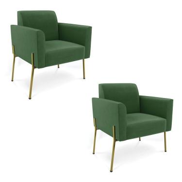 Imagem de Poltrona Pé De Ferro Dourado Decorativa Kit 2 Marisa Suede D03 Verde