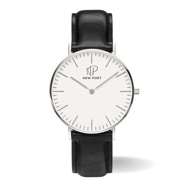 Imagem de Relógio Masculino prata Couro Preto 40mm minimalista New Port