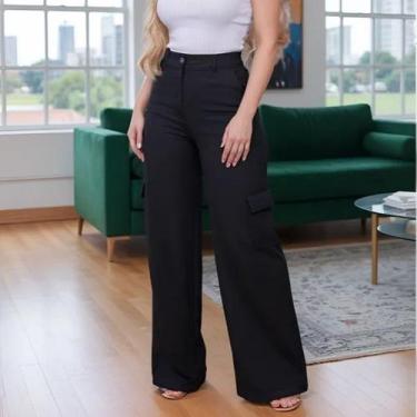Imagem de Calça Feminina Cargo Wide Leg Cintura Alta Com Bolsos Nas Laterais, El