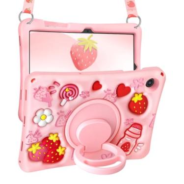 Imagem de Boaretiu para Galaxy Tab A9 Plus 28 cm 2023 - com alça de ombro e suporte giratório de morango fofo desenho 3D Kawaii para meninas e adolescentes capa de silicone macio para tablet Samsung A9+