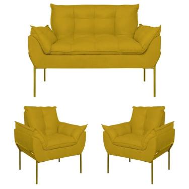 Imagem de Kit 02 Poltronas + Namoradeira Reforçada Opala Metal Dourado Amarelo