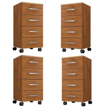 Imagem de Kit 4 Gaveteiros Escritório Chave E Rodízios 4 Gavetas Gávea Freijó