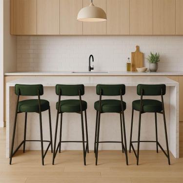 Imagem de Banqueta Cozinha Alta Com Encosto Industrial Dourado Kit 4 Londres Pu Verde D03 - D'rossi