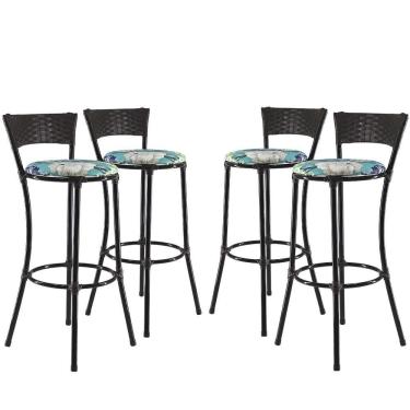 Imagem de Jogo Com 4 Banquetas Alta Forts Fibra Uv Bancada, área Goumert, Bar, Piscina, Balcão, Floral Azul