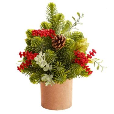 Imagem de Árvore de Natal pequena, árvore de Natal de mesa artificial com pinhas e plantas verdes, adequada para decorações de Natal, mesas internas em casa