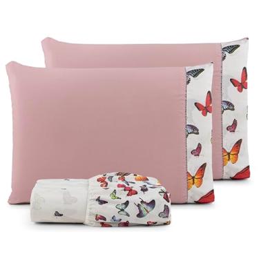 Imagem de Jogo de Lençol Casal Padrão 3 Peças Percal 180 Fios 90% Algodão com Elástico em Toda a Volta e Acabamento Refinado – Conforto, Durabilidade e Estilo (BORBOLETA BRANCA)