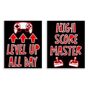 Imagem de Stupell Industries Level Up High Score Gamer Conjunto de arte de placa de parede de 2 peças, design por Marcus Prime, 14 x 11