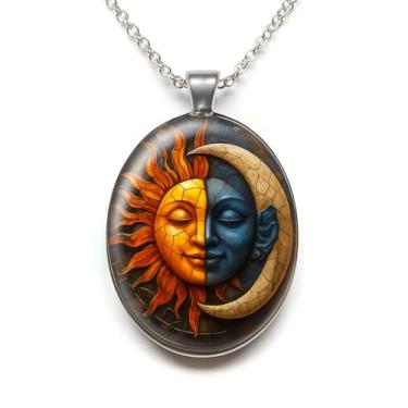 Imagem de 1 colar com pingente redondo deslumbrante - padrão exclusivo de sol e lua, mosaico de vidro estilo pintura a óleo, estrutura de liga, corrente de suéter moderno, presente moderno para mulheres