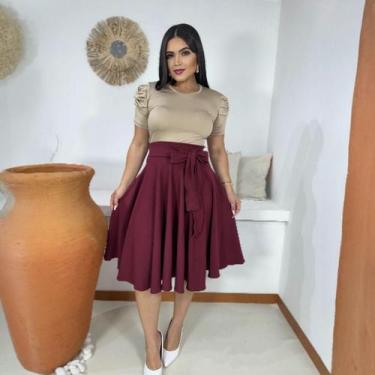 Imagem de Saia Midi Godê Moda Evangélica Feminina - Miss Flower, Vinho, GG