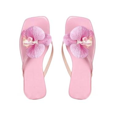 Imagem de GORGLITTER Sandálias femininas de praia com flores elegantes chinelos quadrados de dedo aberto tanga para férias de verão, rosa, 39