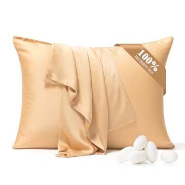 Imagem de BYDHZN Fronha 100% seda pura, pacote com 2 para cabelo e pele, ambos os lados 23 Momme grau 6A+ fronhas de seda amoreira com zíper oculto, fronhas refrescantes macias e suaves (champanhe, King 20 x 36