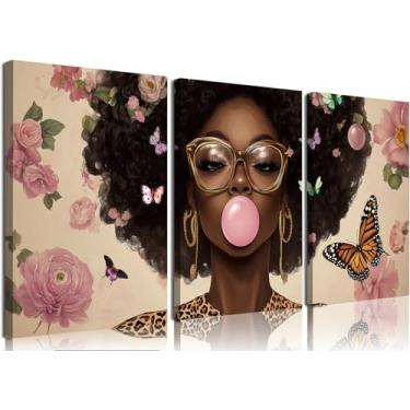 Imagem de TOLTUQE Conjunto de 3 arte de parede de mulher negra, impressões em tela de meninas afro-americanas modernas com flores e borboletas, decoração de parede inspiradora para sala de estar, quarto