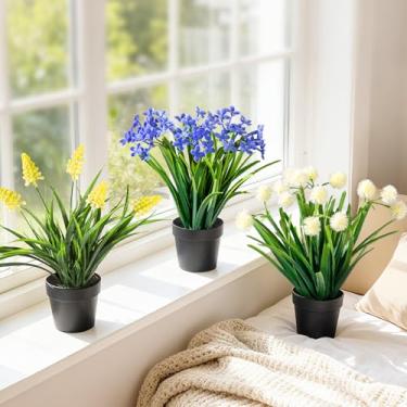Imagem de Yarmare Pacote com 3 flores artificiais em vasos de plantas pequenas falsas para decoração de casa, planta de flores falsas, mini plantas artificiais para quarto, sala de estar, escritório, prateleira