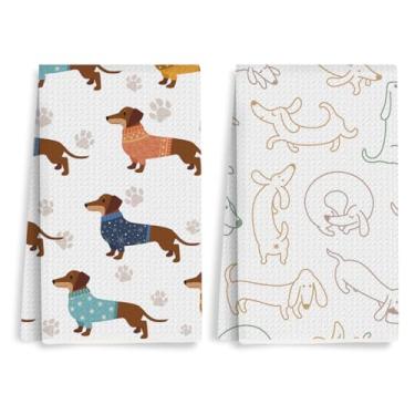 Imagem de XFN 2 peças de toalhas de cozinha fofas de dachshund, presentes de mãe de cachorro para mulheres, reutilizáveis absorventes de waffle, toalhas de chá para limpeza, toalha de cozinha de microfibra