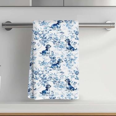 Imagem de Toalhas de cozinha fofas de dachshund 35 x 61 cm, toalha de prato decorativa de microfibra absorvente floral azul toalha de chá, toalhas de mão waffle para cozinha, casa, banheiro, presentes para