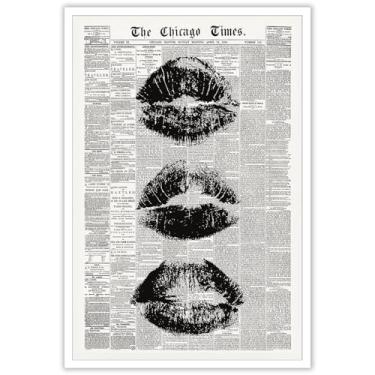 Imagem de Arte de parede em tela retrô Lips - Design de jornal vintage preto e branco, pôster Chicago Times Kiss para decoração de banheiro - Pintura de parede minimalista para quarto 40,6 x 61 cm sem moldura
