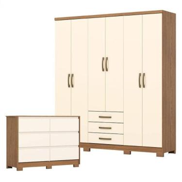 Imagem de Guarda Roupa Casal Caju 6 Portas E Cômoda Ravenna Nature Off White - Henn