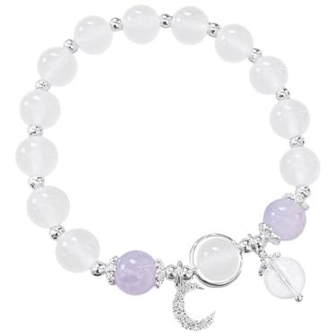 Imagem de Pulseira de ágata branca e ametista com pingente de lua de prata esterlina 925 para mulheres, joia de pedra preciosa elástica 6,7