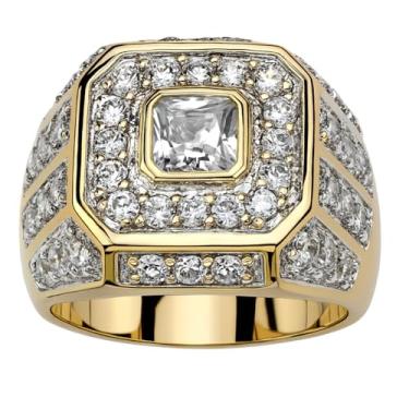 Imagem de Anel de festa masculino com pedras de strass: anel de diamante simulado cintilante, feito em liga metálica, banhado a ouro para um brilho requintado - o acessório de estilo hip-hop ideal para eventos