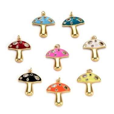 Imagem de MakemadeDIY 10 pingentes esmaltados de latão cogumelo banhado a ouro 18 K, pingentes de zircônia cúbica para fazer joias, colares, pulseiras, brincos, artesanato, presente