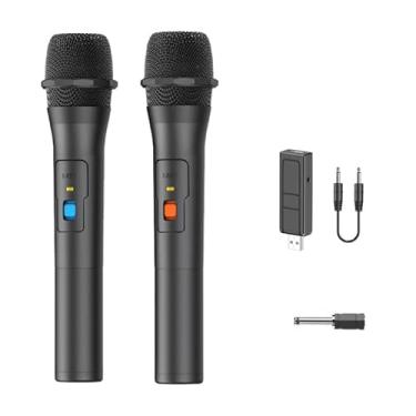 Imagem de Microfone sem fio doméstico para Karaokê Um-para-Dois K-song duas pessoas com redução inteligente de ruído Frequência fixa VHF Receptor alimentado por USB Automático Distância 30 metros Potência saída