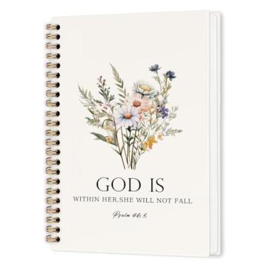 Imagem de nvucamd Caderno espiral floral cristão para mulheres, God Is Within Her She Will Not Cair, caderno de diário da Bíblia floral, presentes inspiradores de material de escritório, 14 x 21 cm