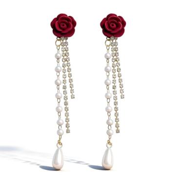 Imagem de Brincos de pressão para mulheres, laço vermelho, rosa, longa, borla, pérola, presente de Natal, Large, Zinco, Sem pedra preciosa