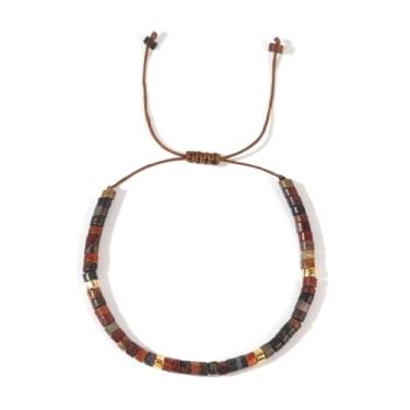 Imagem de EQUBIO Pulseira feminina de pedra preciosa de macramê ajustável, contas cilíndricas de jaspe vermelho de 4 × 2 mm, espaçadores Heishi de ágata preta e detalhes dourados, cordão trançado de nó