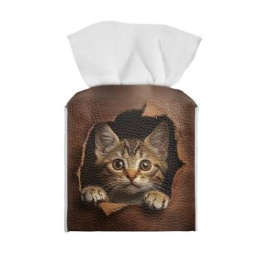 Imagem de Jnoscergon Capa de caixa de lenços de tecido de gato fofo capa quadrada de suporte de caixa de lenços macios à prova d'água capa decorativa de couro PU 12 x 12 cm serve para tecidos populares