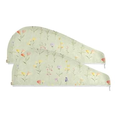 Imagem de SEHANY Toalha de cabelo de microfibra elegante flores verdes para mulheres 2 peças turbantes de cabelo de secagem rápida com botão, touca de cabelo seco absorvente toalha de secagem de cabelo para