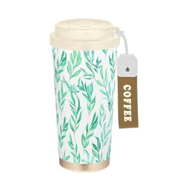 Imagem de SEHANY Caneca de viagem Green Leaves de 482 ml Copos de café reutilizáveis revestidos de cerâmica com tampa à prova de vazamento, parede dupla, isolamento a vácuo, copo de café de aço inoxidável para