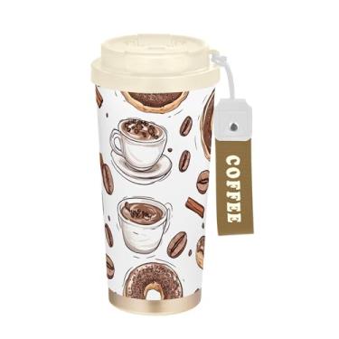 Imagem de SEHANY Caneca de viagem com estampa de café fofa de 482 g Copos de café reutilizáveis revestidos de cerâmica com tampa à prova de vazamento, parede dupla, isolamento a vácuo, copo de café de aço