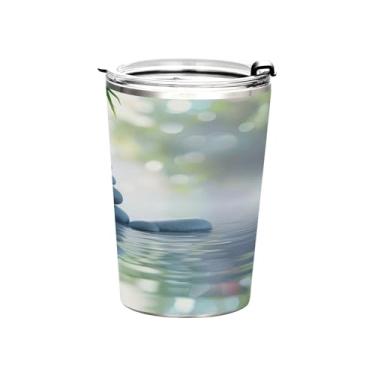 Imagem de Blueangle Copo de 340 g com tampa e canudo, copo de café com água isolada a vácuo de aço inoxidável, lindas pedras de bambu, caneca térmica para bebidas quentes e frias (222)