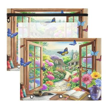 Imagem de SEHANY Pasta de lápis de flores de jardim com 3 anéis - bolsa de documentos com zíper tamanho A4 com janela transparente para sala de aula, escritório, 2 peças