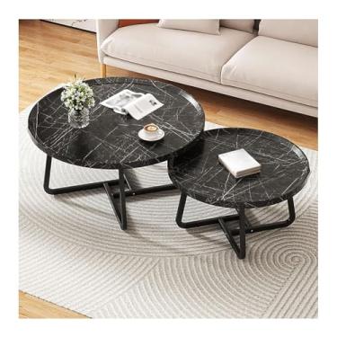 Imagem de HGTRH Mesas de encaixe redondas para sala de estar, conjunto de 2 mesas de centro modernas com suporte de aço carbono HDF empilhável para apartamento, sala de estar, quarto, varanda, preto, 50 cm + 70