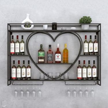 Imagem de HGTRH Conjunto de prateleira de vinho de ferro montado na parede com suportes de taças, prateleiras flutuantes para parede com prateleiras de taça de vinho, prateleira de exibição de garrafa de bar de
