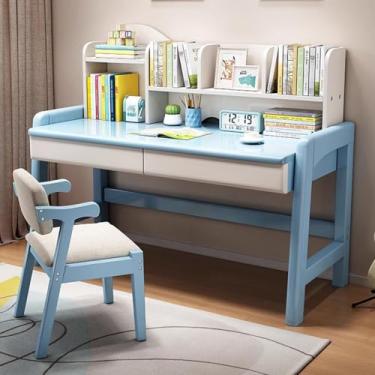 Imagem de Yadlan Mesa infantil ajustável em altura, secretária infantil com gavetas e estante de escritório, mesa de estudo para crianças secretária de madeira mesa de computador para casa azul 125 cm