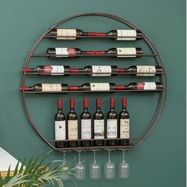 Imagem de HGTRH Rack de vinho montado na parede com suporte de vidro, suporte de vinho montado na parede, rack de vinho redondo de metal com suporte de taça, organizador de armazenamento de vinho para bar