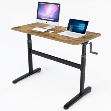 Imagem de Mesa de pé com manivela manual de altura ajustável, mesa de trabalho ajustável para ficar em pé, mesas de sentar em pé para escritório em casa com orifício para cabo e pé de ajuste, 120/140 cm