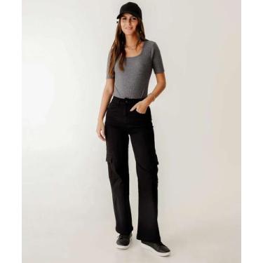 Imagem de Calça Sarja Wide Leg Bolsos Cargo Feminina Biotipo-89037, 40, Preto
