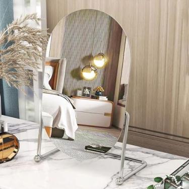 Imagem de Espelho de mesa com espelho de maquiagem de mesa de suporte para mesa, rotação ajustável vintage oval de mesa prata espelho de banheiro para mulheres