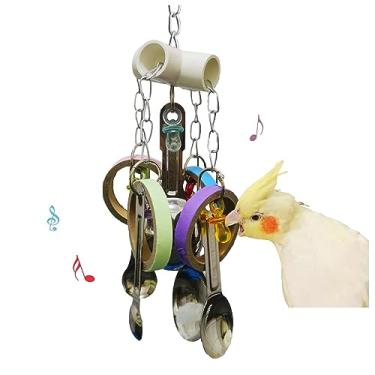 Imagem de JSLZF Brinquedo de mastigar pássaros para papagaio durável colher e bagel de papelão calopsita de aço inoxidável brinquedo gaiola de conure brinquedo pendurado para periquito, periquito