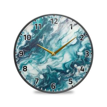 Imagem de WELLDAY Relógio de parede sem tique-taque 25 cm - turquesa azul mármore textura operado por bateria relógio redondo silencioso de quartzo para casa/escritório/cozinha/sala de aula