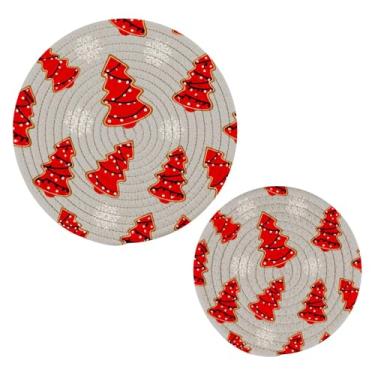 Imagem de Wassud Conjunto de trivet de árvore de Natal vermelha para pratos quentes, suportes redondos de algodão, almofadas quentes, porta-copos elegantes, decoração de cozinha e acessórios, 2 peças